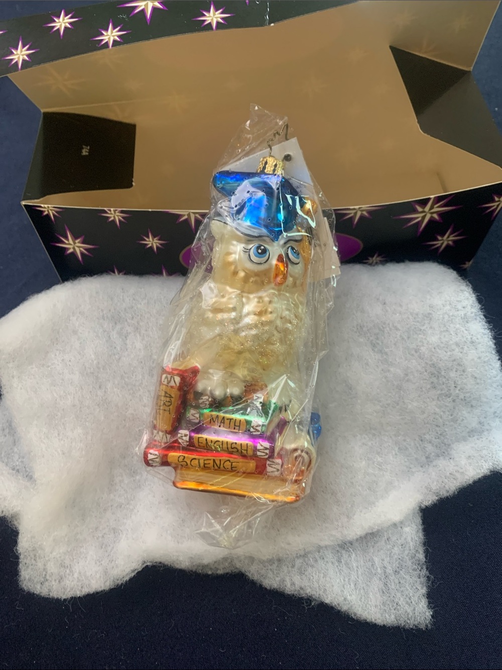 Christopher Radko Gold-Cream Owl Ornament with Blue Cap and Red Books